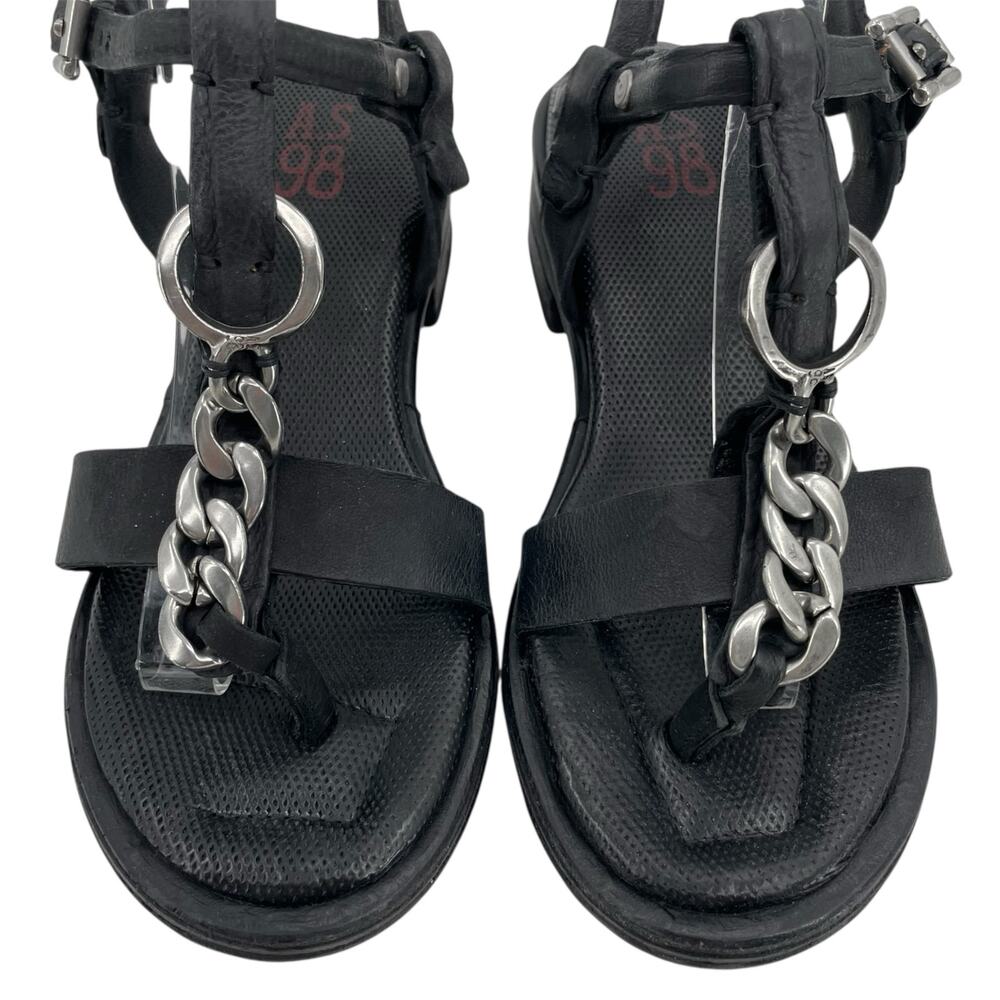 A.S.98 Black Leather Silver Chains Strappy Heeled Sandals Edgy Boho Size 39 - Picture 3 of 11